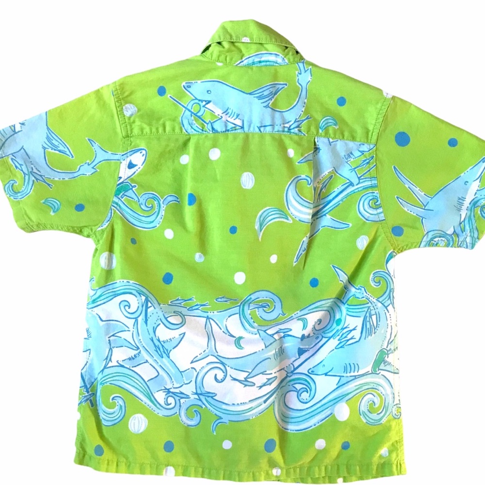 Lilly Pulitzer Green and Blue Shark Print Button Down Shirt - Picture 5 of 6
